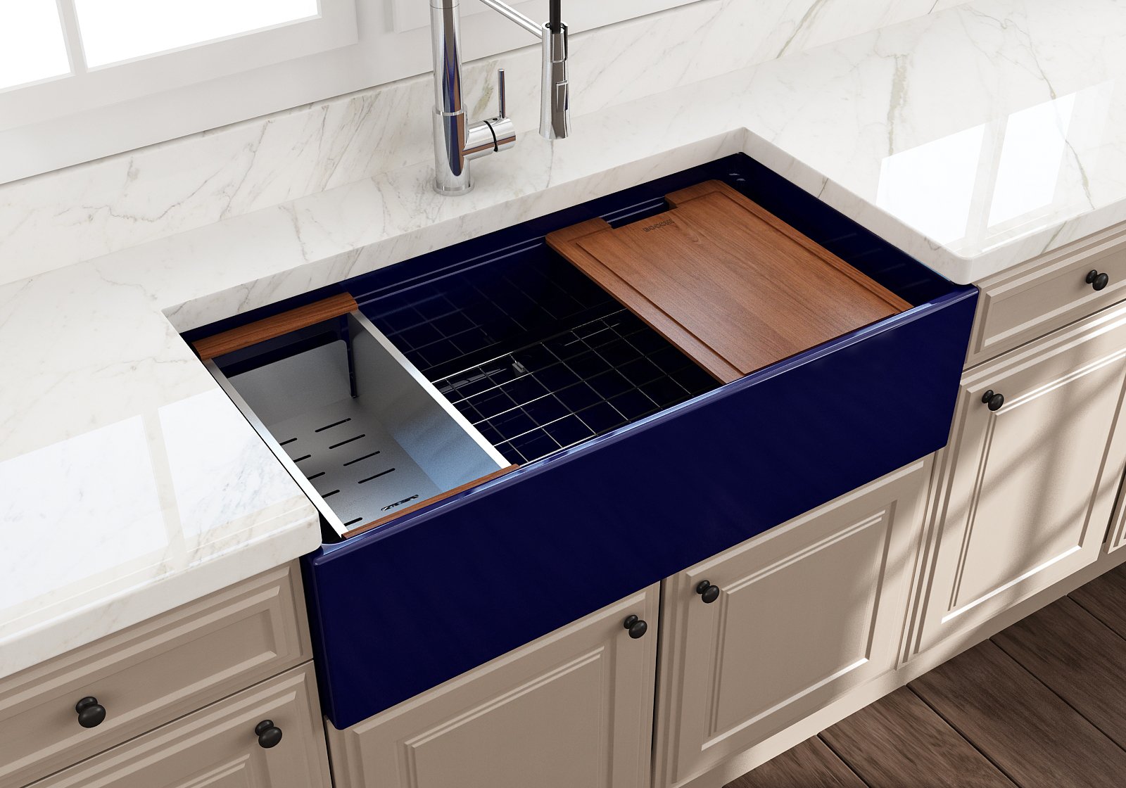 Contempo Step-Rim Apron Front Fireclay 36 in. Single Bowl Kitchen Sink with Integrated Work Station & Accessories 1505