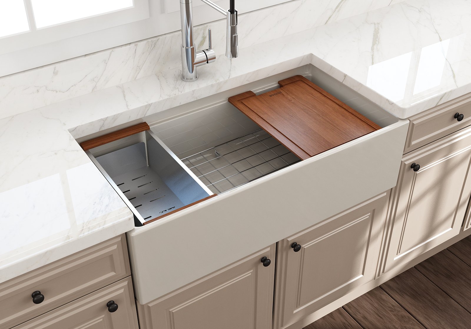 Contempo Step-Rim Apron Front Fireclay 36 in. Single Bowl Kitchen Sink with Integrated Work Station & Accessories 1505
