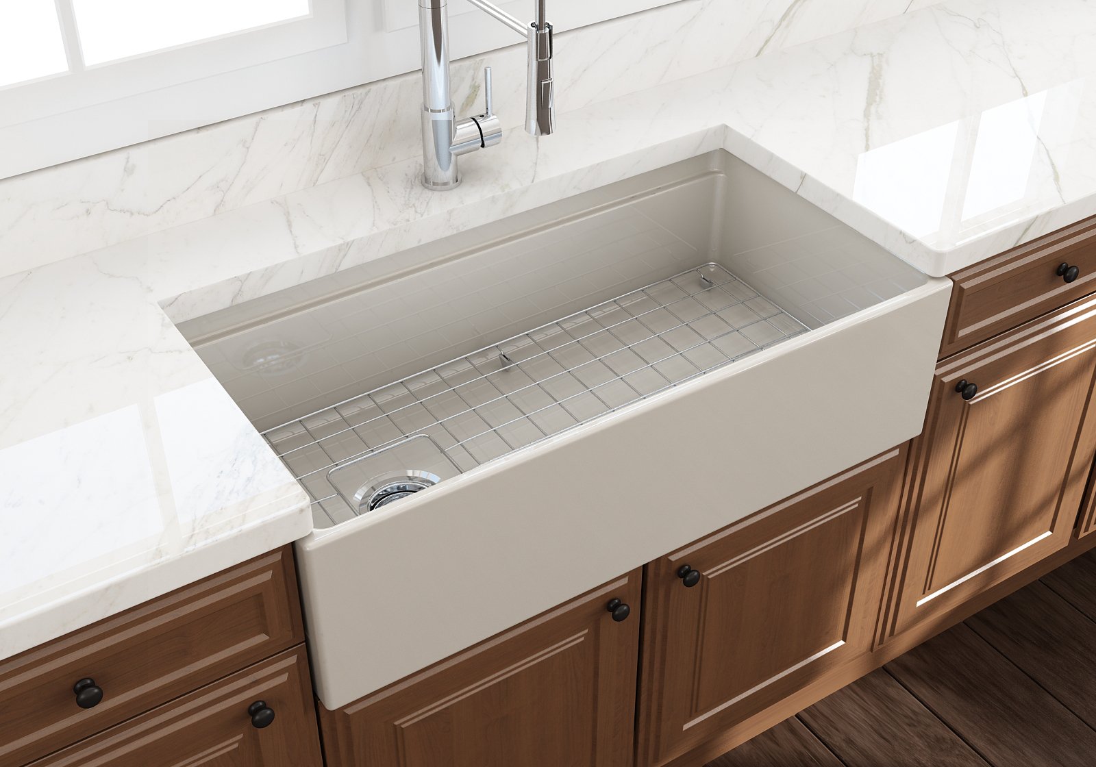 Contempo Step-Rim Apron Front Fireclay 36 in. Single Bowl Kitchen Sink with Integrated Work Station & Accessories 1505