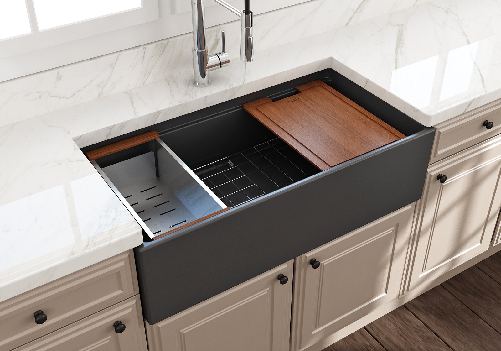 Contempo Step-Rim Apron Front Fireclay 36 in. Single Bowl Kitchen Sink with Integrated Work Station & Accessories 1505