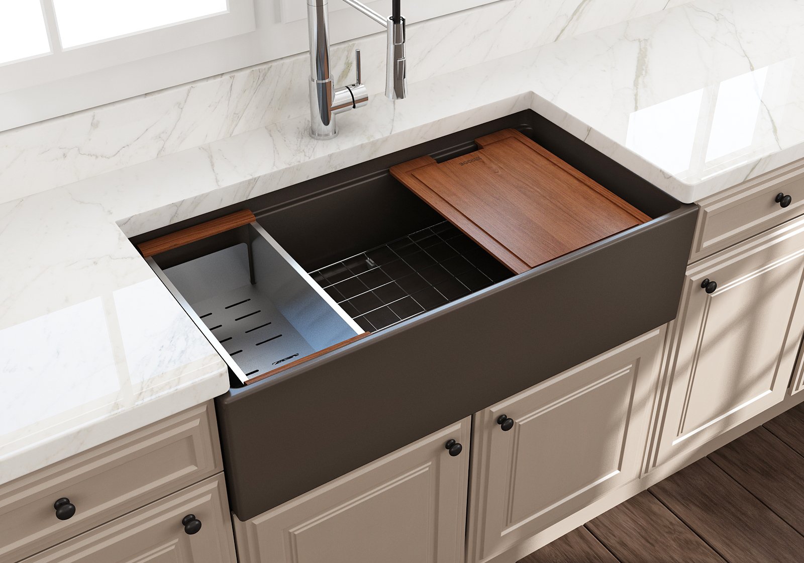 Contempo Step-Rim Apron Front Fireclay 36 in. Single Bowl Kitchen Sink with Integrated Work Station & Accessories 1505