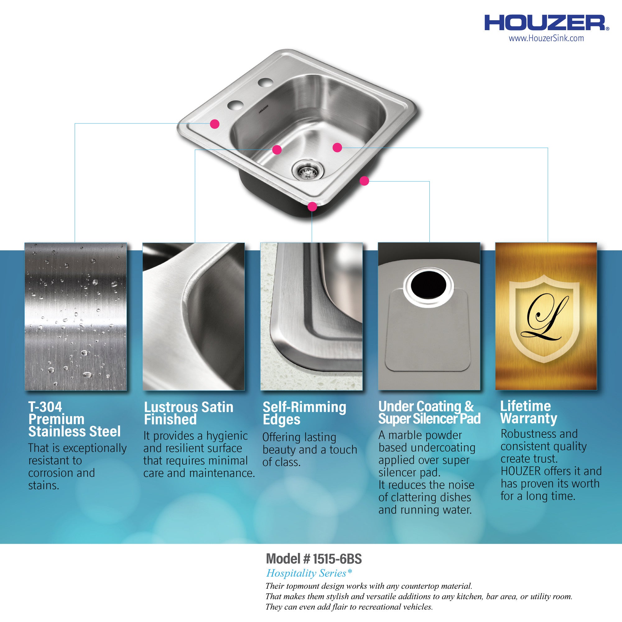Houzer Hospitality 15 inch Stainless Steel Drop-in Topmount 2-hole Bar and Prep Sink - 1515-6BS