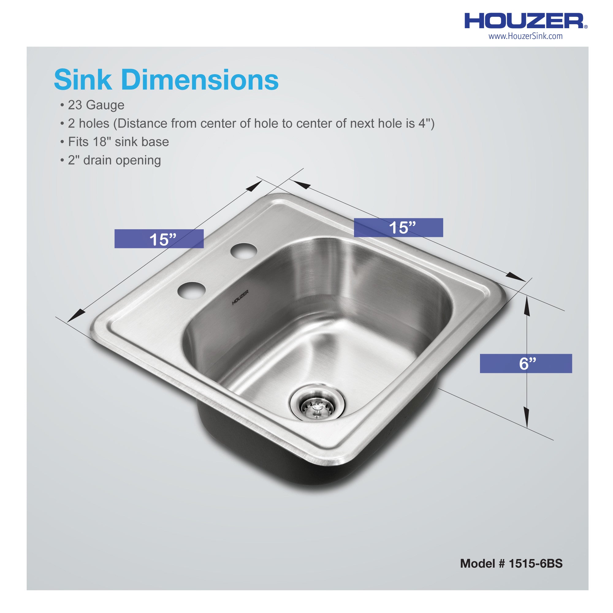 Houzer Hospitality 15 inch Stainless Steel Drop-in Topmount 2-hole Bar and Prep Sink - 1515-6BS