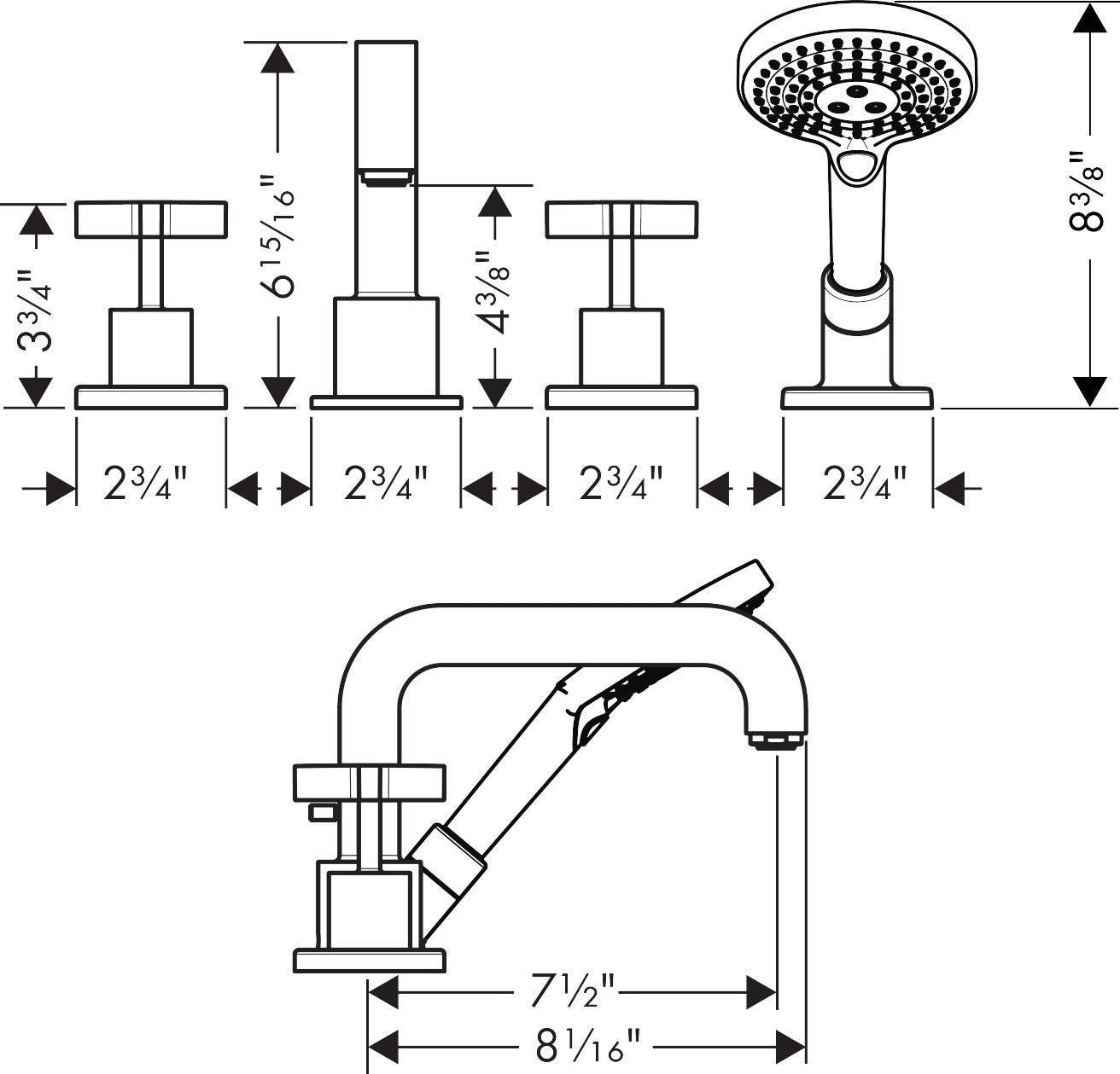 AXOR Citterio 4-Hole Roman Tub Set Trim with Cross Handles and 1.75 GPM Handshower