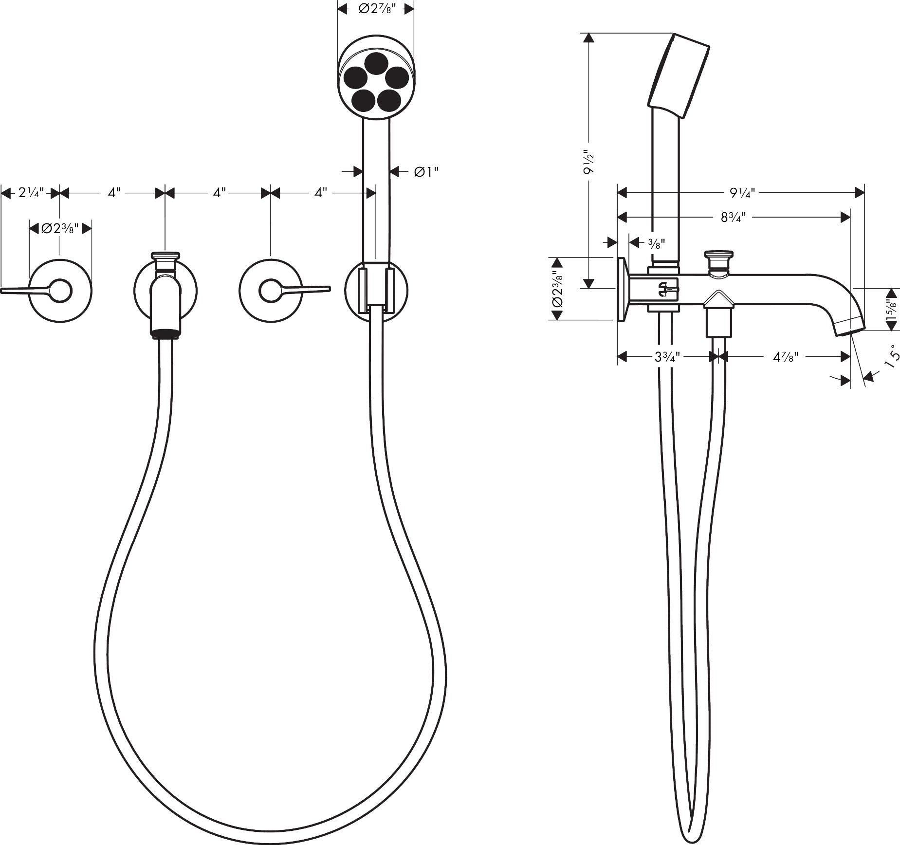 AXOR ONE 3-Hole Wall Mounted Tub Filler, with 1.75gpm Handshower, Lever Handle