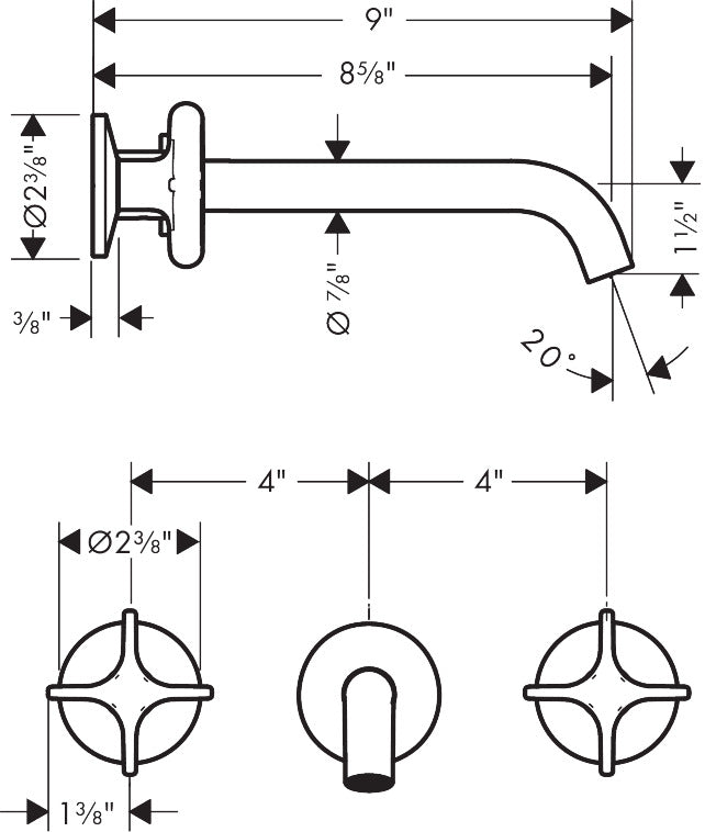 AXOR ONE Wall-Mounted Widespread Faucet 220- Cross Handles, 1.2 GPM