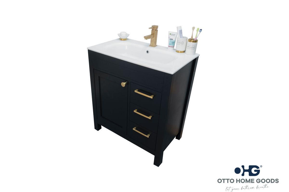 Aria 30" Black Bathroom Vanity with Integrated Sink & Gold Hardware