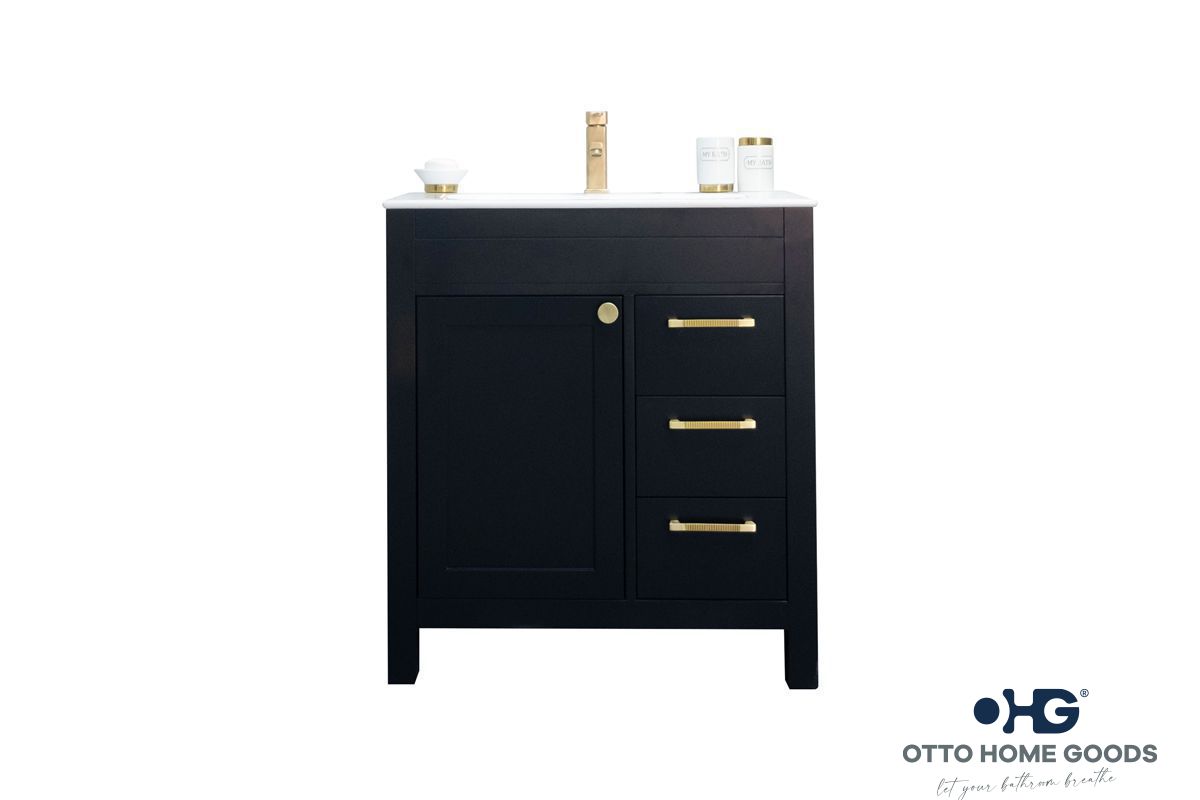 Aria 30" Black Bathroom Vanity with Integrated Sink & Gold Hardware