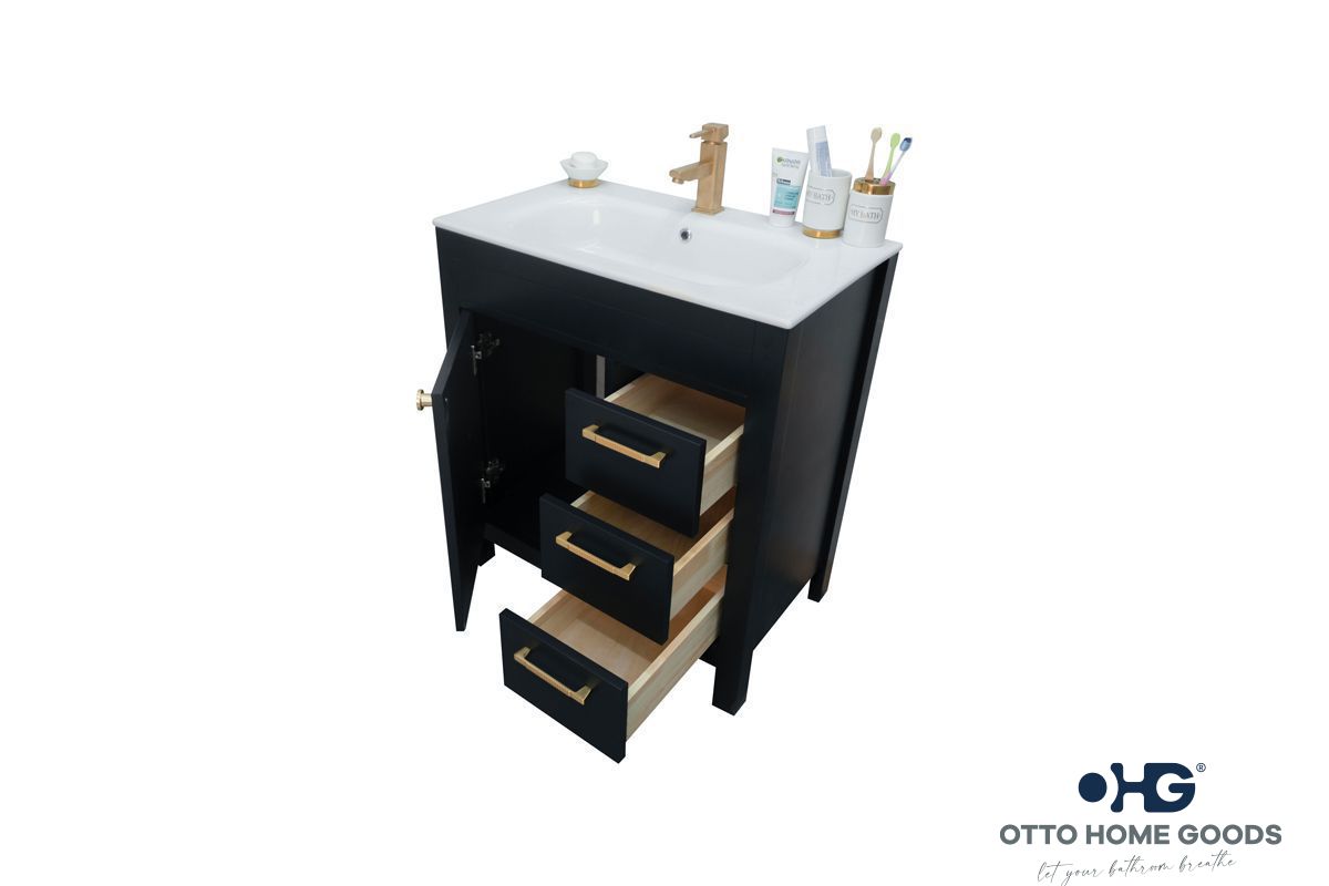 Aria 30" Black Bathroom Vanity with Integrated Sink & Gold Hardware