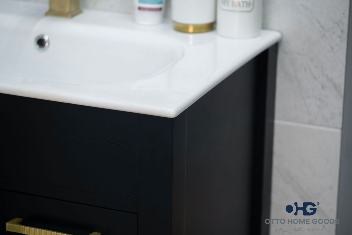 Aria 30" Black Bathroom Vanity with Integrated Sink & Gold Hardware