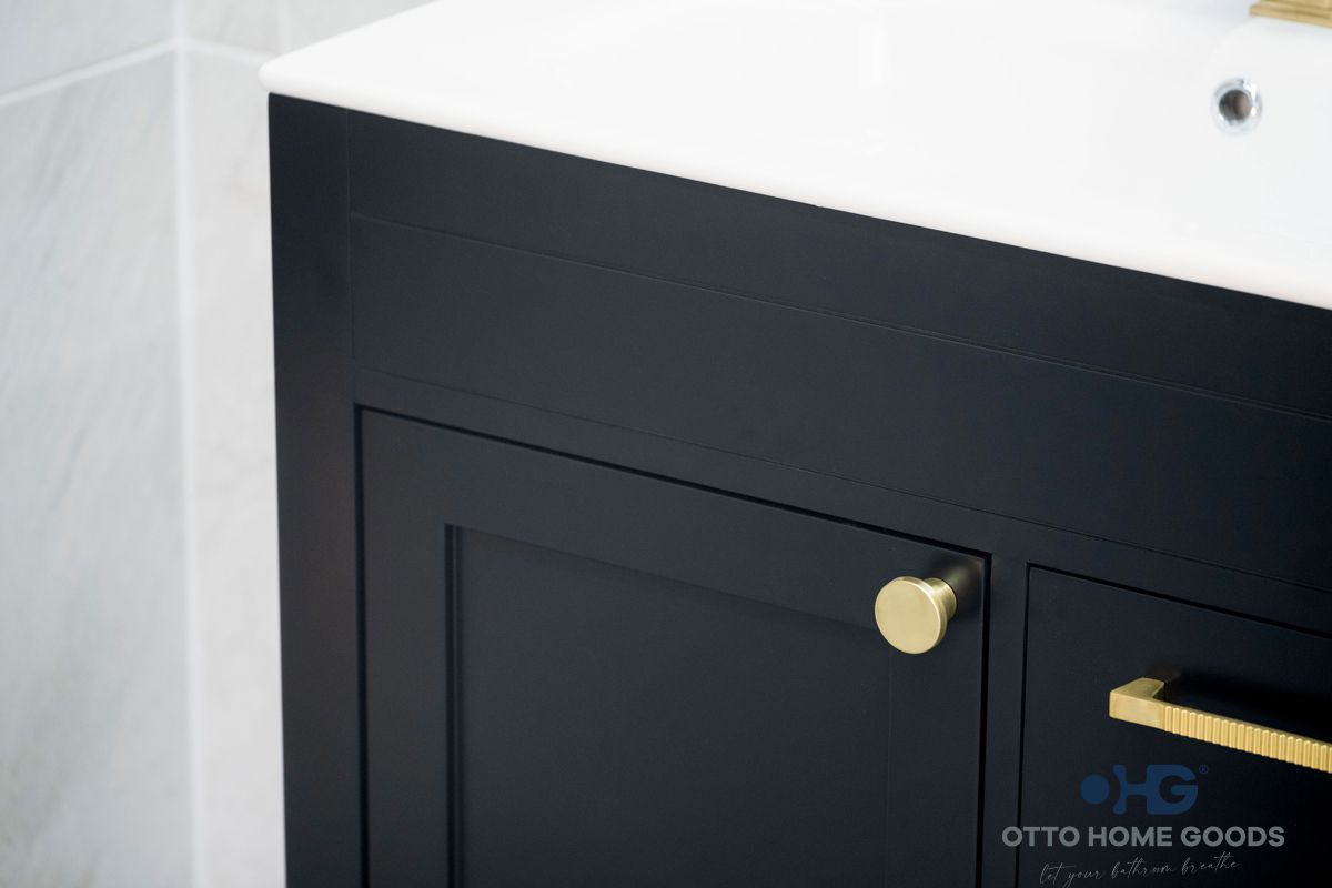 Aria 30" Black Bathroom Vanity with Integrated Sink & Gold Hardware