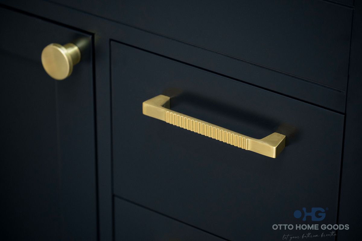 Aria 30" Black Bathroom Vanity with Integrated Sink & Gold Hardware