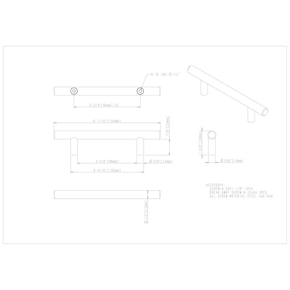 Hardware Resources 96 mm Center-to-Center Hollow Matte Black Stainless Steel Naples Cabinet Bar Pull