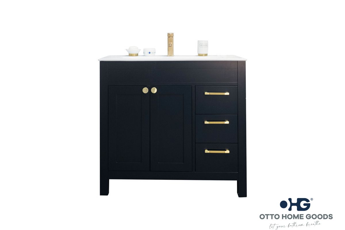 Aria 36" Black Bathroom Vanity with Integrated Sink & Gold Hardware