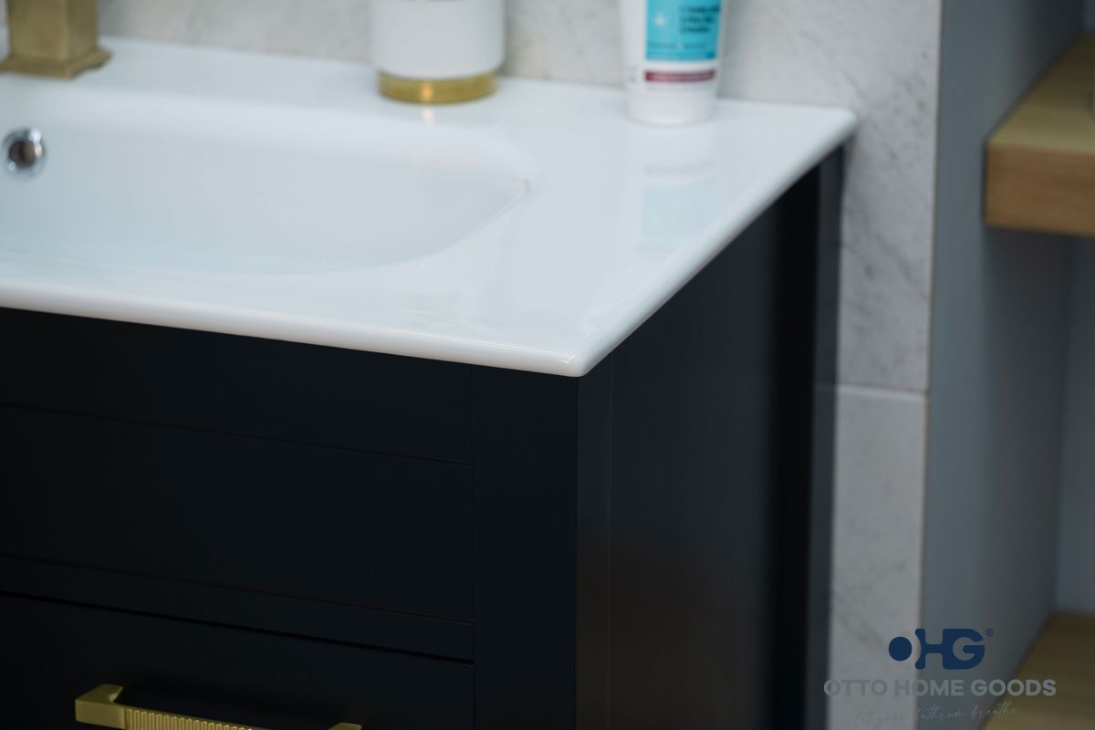 Aria 36" Black Bathroom Vanity with Integrated Sink & Gold Hardware