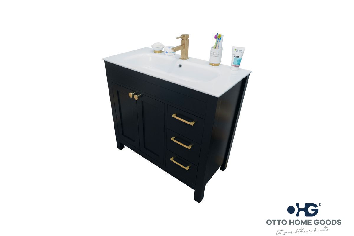 Aria 36" Black Bathroom Vanity with Integrated Sink & Gold Hardware