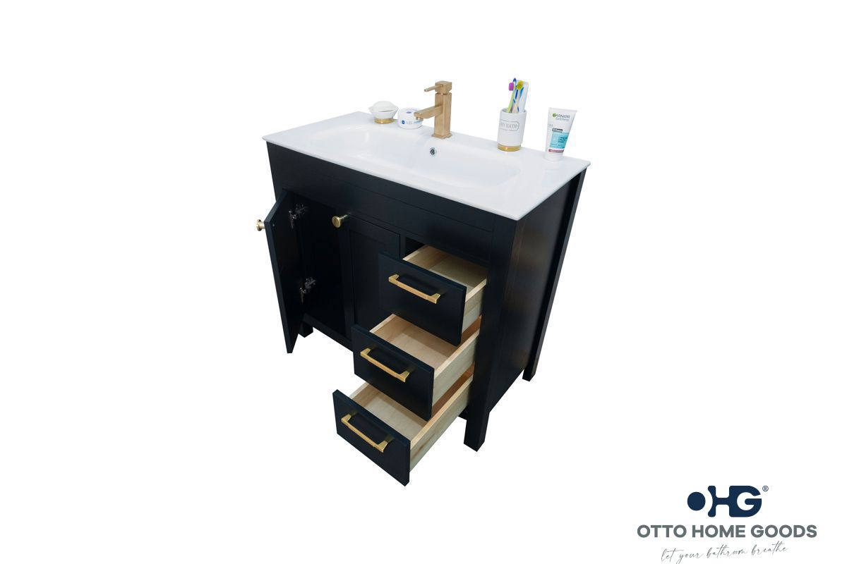 Aria 36" Black Bathroom Vanity with Integrated Sink & Gold Hardware