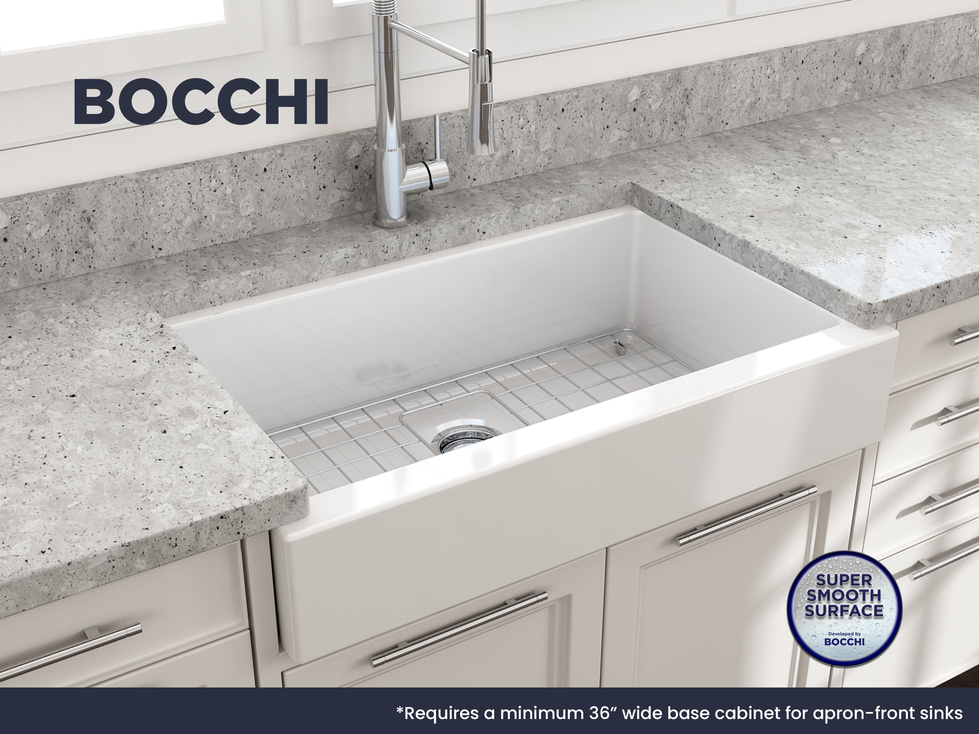 Nuova Pro Short Apron Front Dual-Mount Fireclay 34 in. Single Bowl Kitchen Sink with Protective Bottom Grid and Strainer 1551