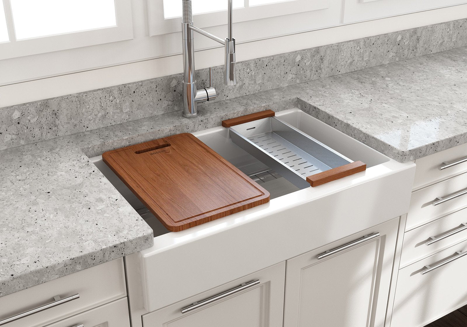 Nuova Pro Short Apron Front Dual-Mount Fireclay 34 in. Single Bowl Kitchen Sink with Protective Bottom Grid and Strainer 1551