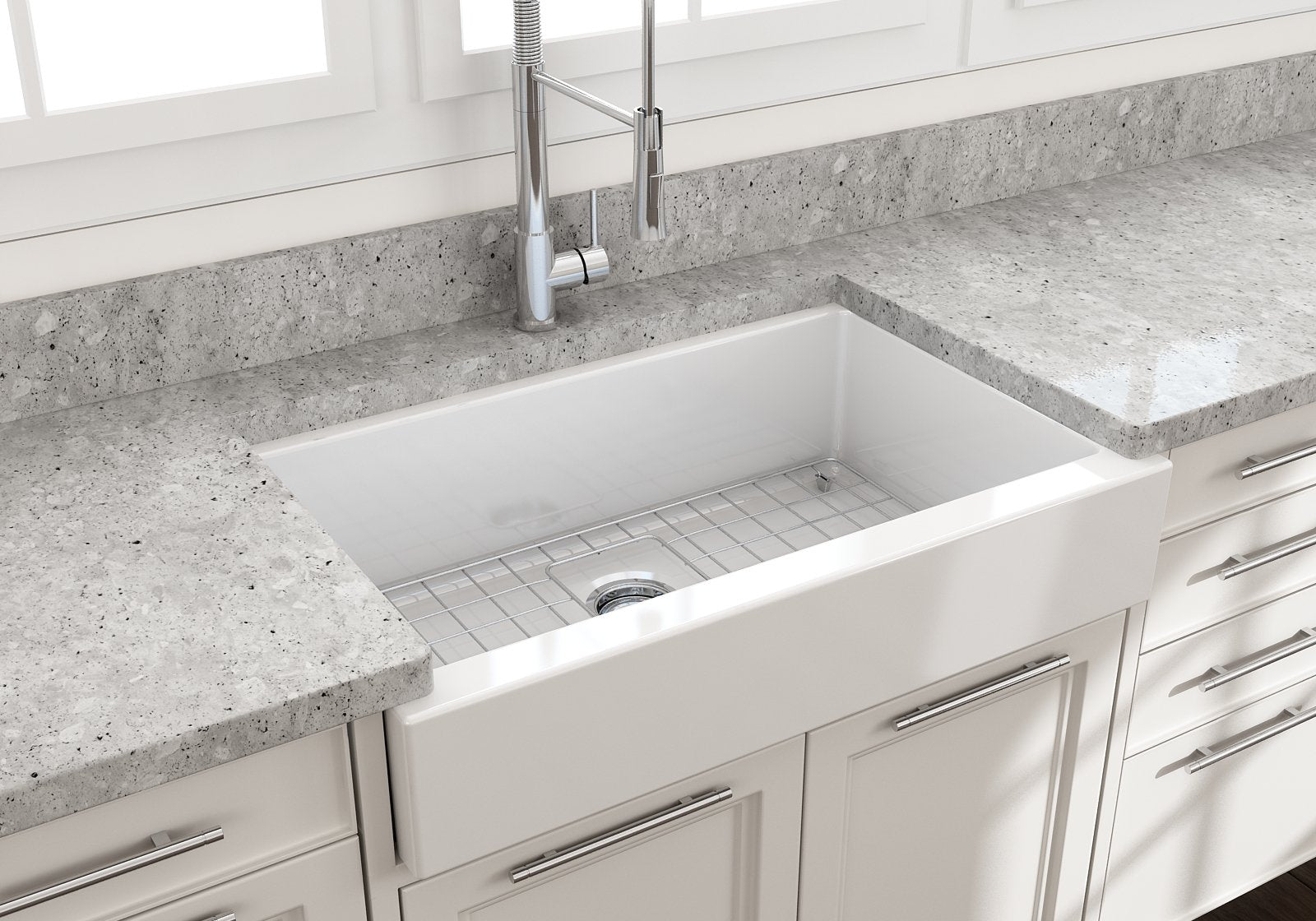 Nuova Pro Short Apron Front Dual-Mount Fireclay 34 in. Single Bowl Kitchen Sink with Protective Bottom Grid and Strainer 1551