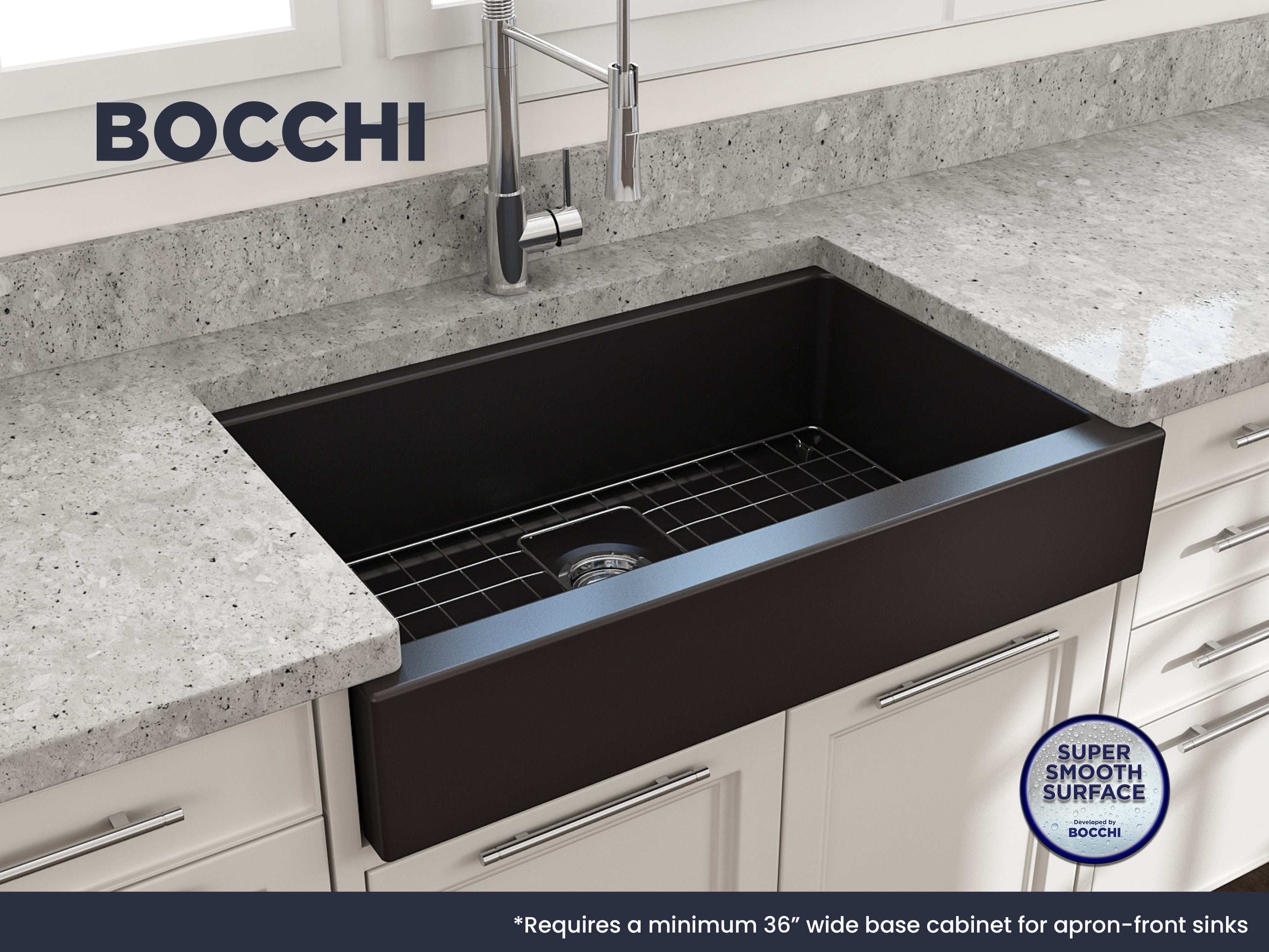 Nuova Pro Short Apron Front Dual-Mount Fireclay 34 in. Single Bowl Kitchen Sink with Protective Bottom Grid and Strainer 1551