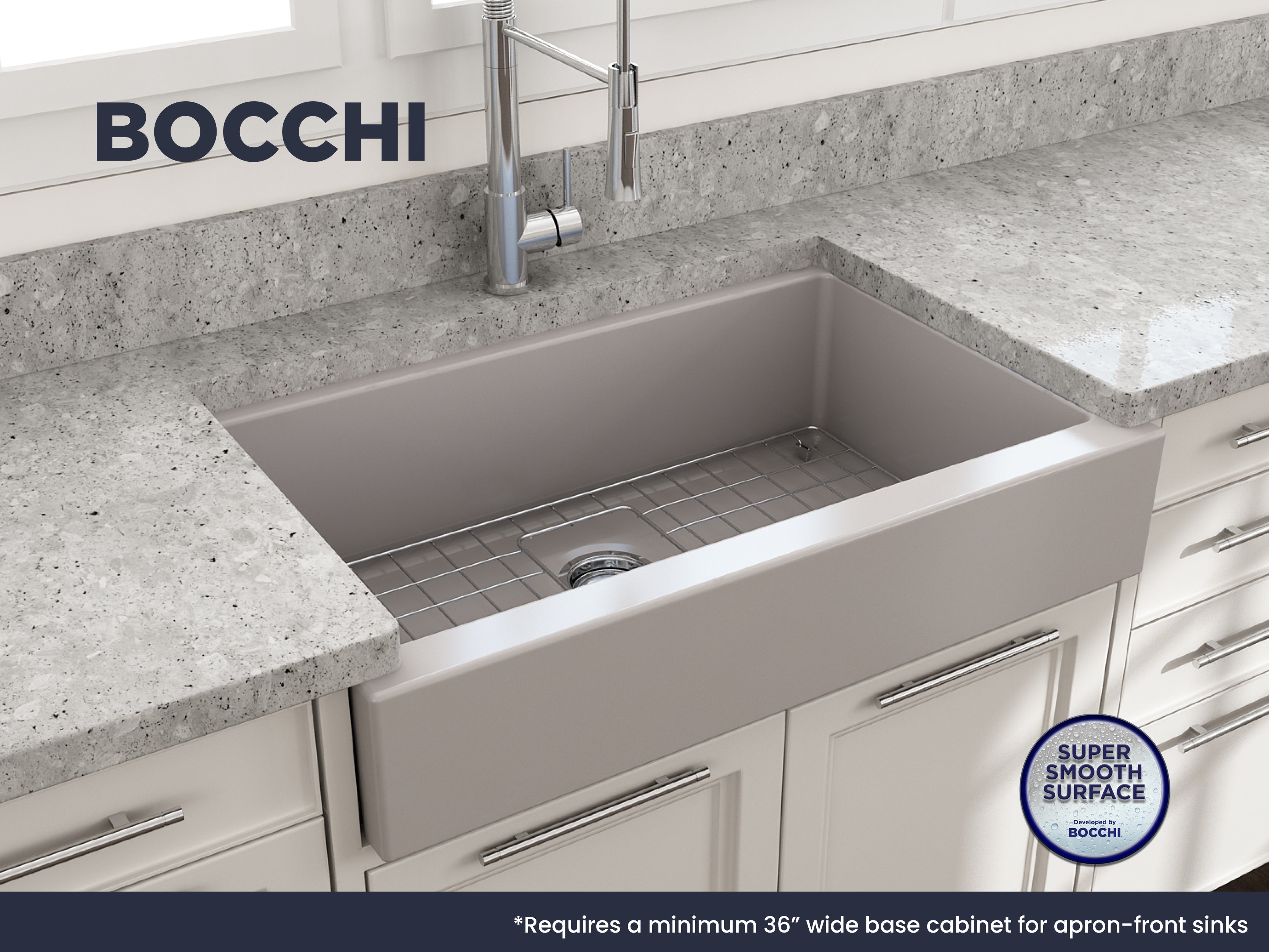 Nuova Pro Short Apron Front Dual-Mount Fireclay 34 in. Single Bowl Kitchen Sink with Protective Bottom Grid and Strainer 1551