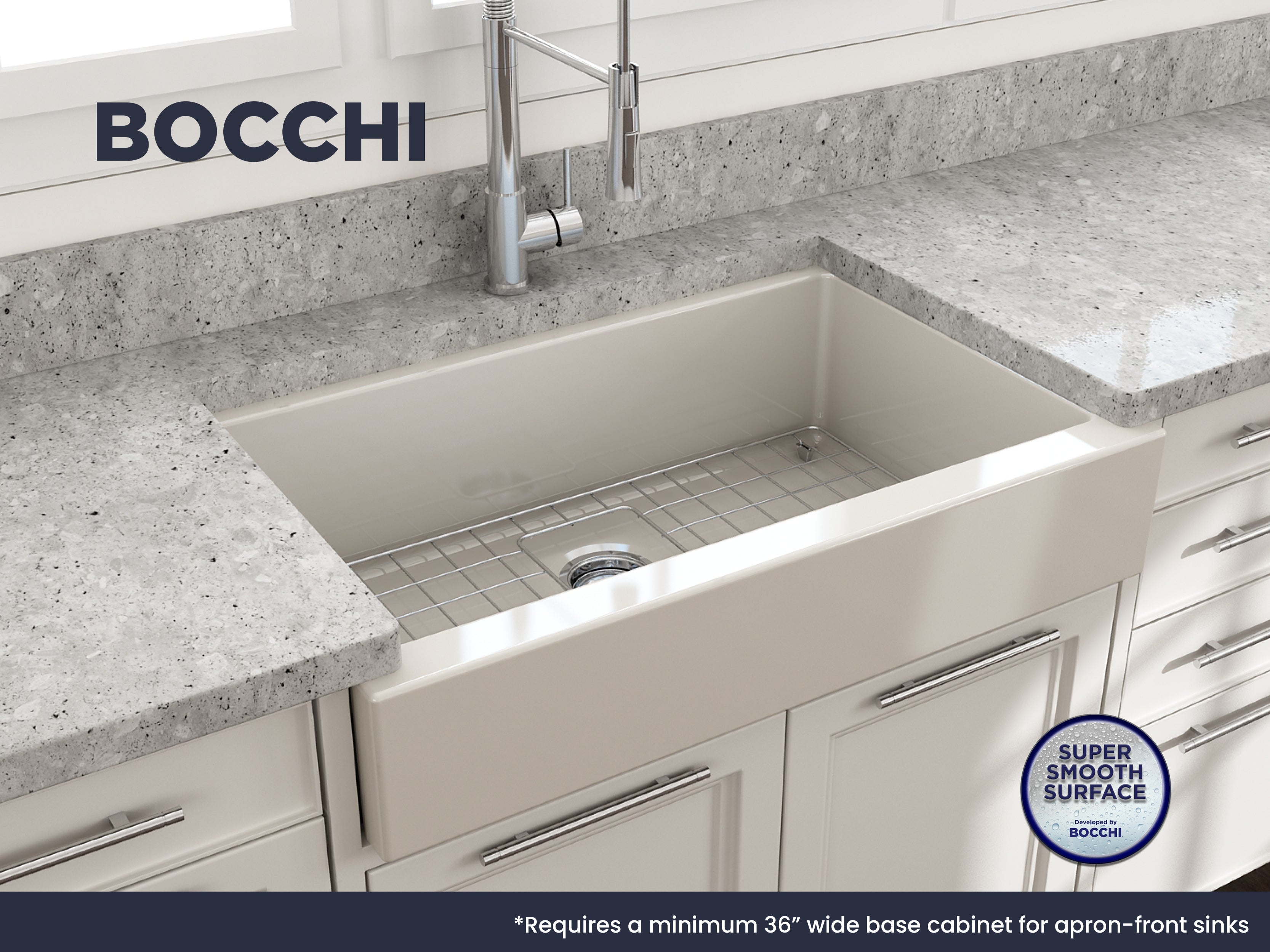 Nuova Pro Short Apron Front Dual-Mount Fireclay 34 in. Single Bowl Kitchen Sink with Protective Bottom Grid and Strainer 1551