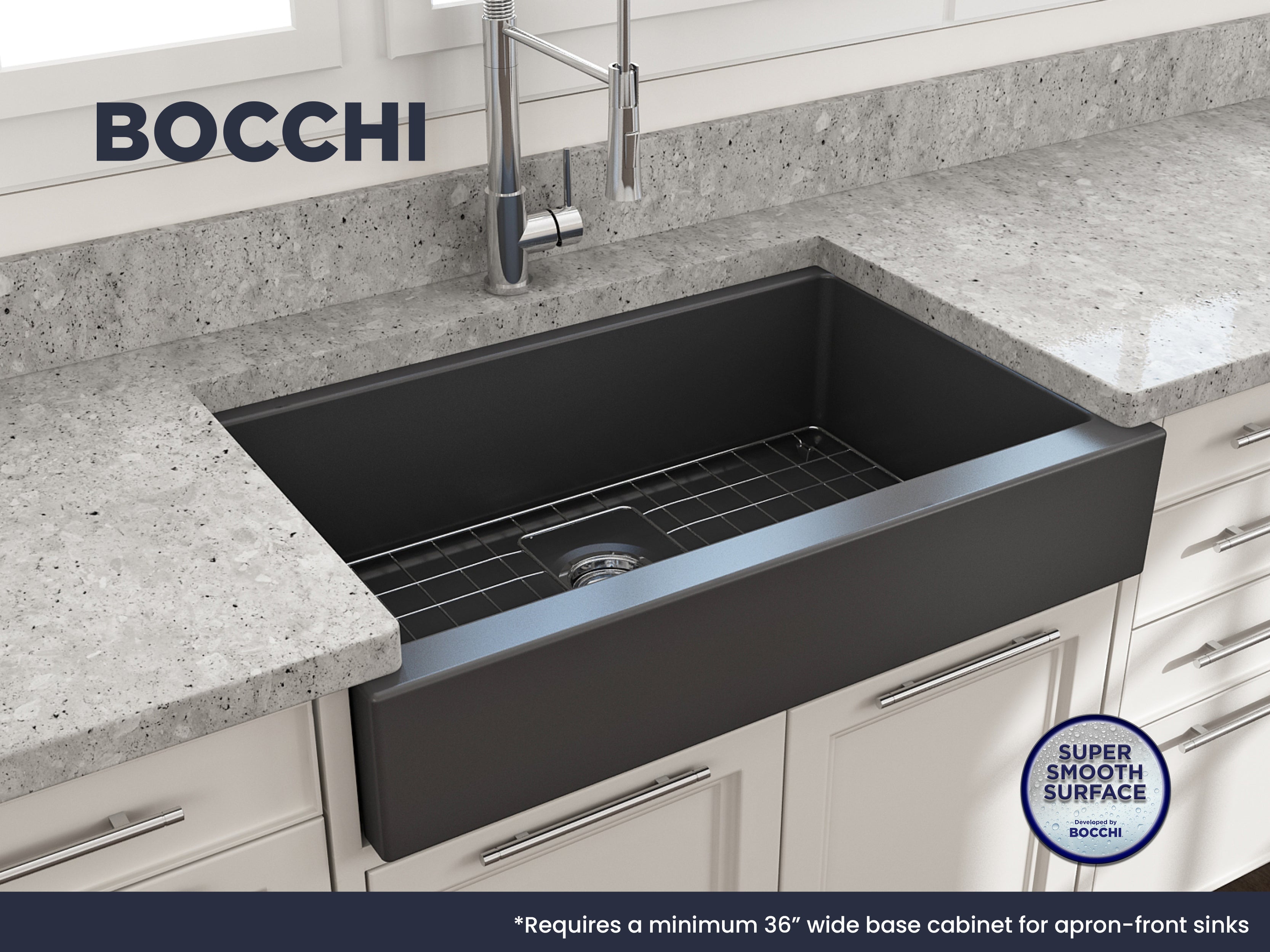 Nuova Pro Short Apron Front Dual-Mount Fireclay 34 in. Single Bowl Kitchen Sink with Protective Bottom Grid and Strainer 1551
