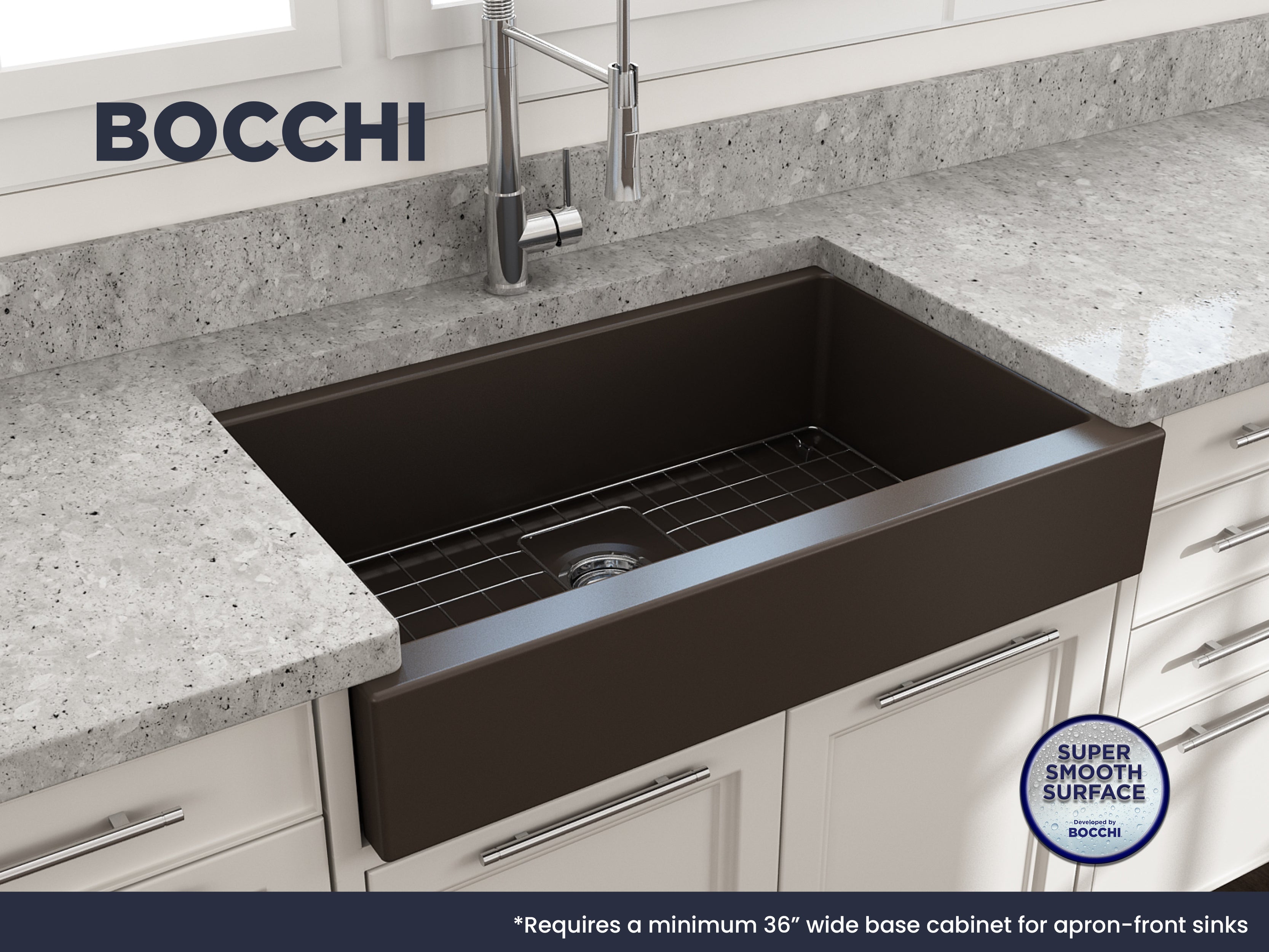 Nuova Pro Short Apron Front Dual-Mount Fireclay 34 in. Single Bowl Kitchen Sink with Protective Bottom Grid and Strainer 1551