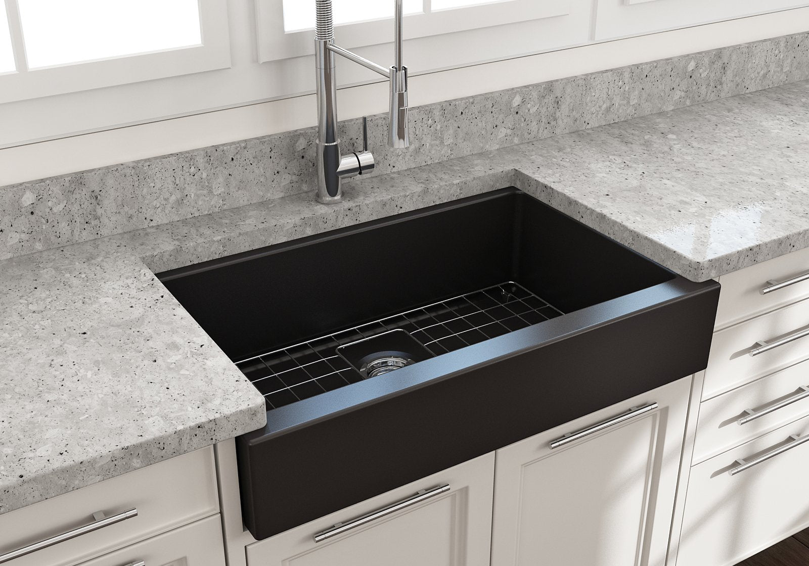 Nuova Pro Short Apron Front Dual-Mount Fireclay 34 in. Single Bowl Kitchen Sink with Protective Bottom Grid and Strainer 1551