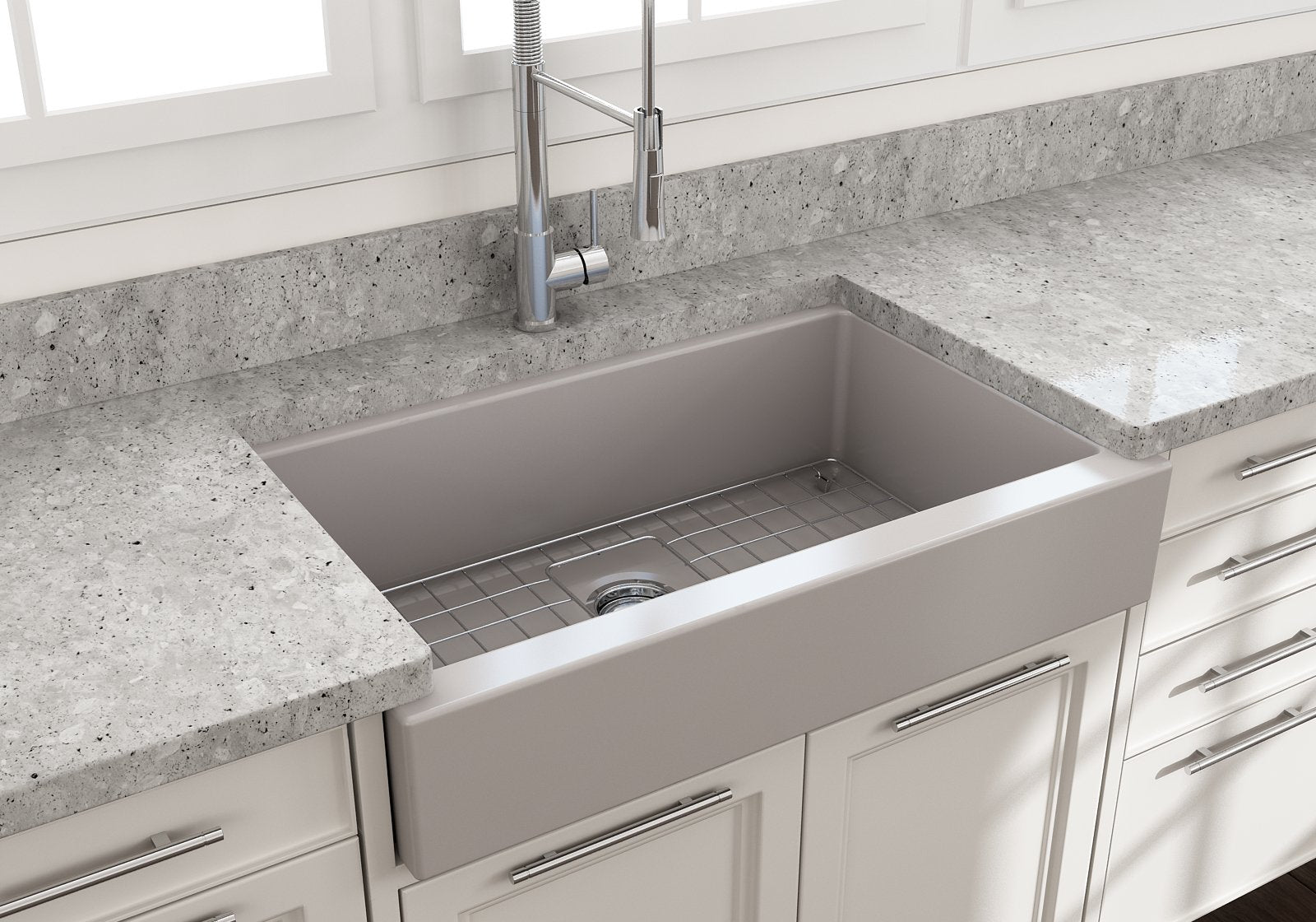 Nuova Pro Short Apron Front Dual-Mount Fireclay 34 in. Single Bowl Kitchen Sink with Protective Bottom Grid and Strainer 1551