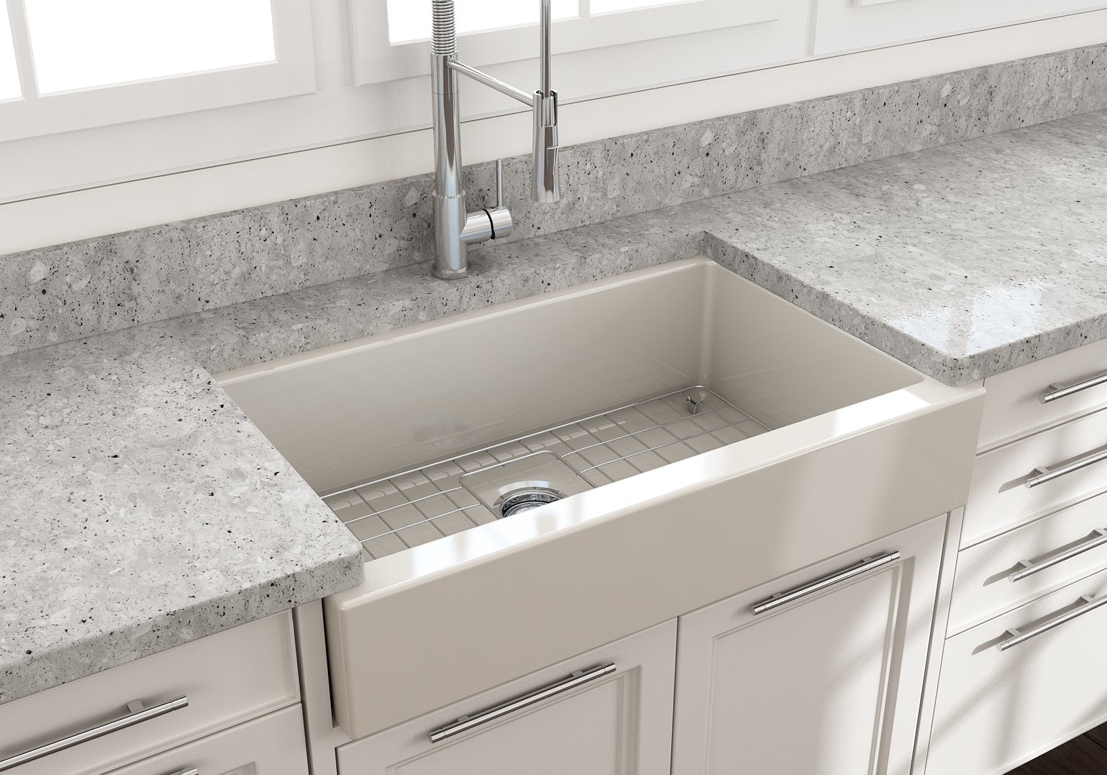 Nuova Pro Short Apron Front Dual-Mount Fireclay 34 in. Single Bowl Kitchen Sink with Protective Bottom Grid and Strainer 1551