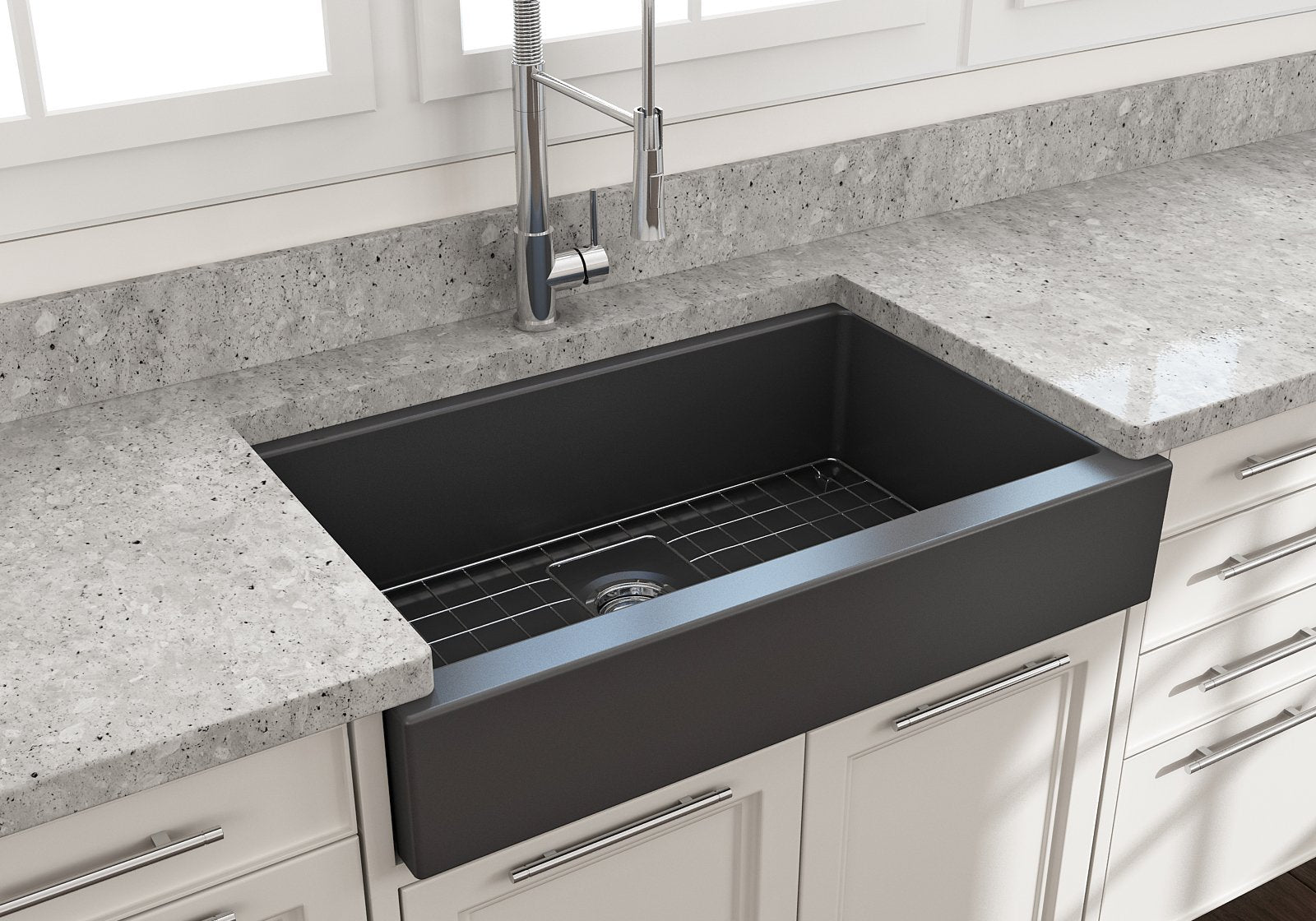 Nuova Pro Short Apron Front Dual-Mount Fireclay 34 in. Single Bowl Kitchen Sink with Protective Bottom Grid and Strainer 1551