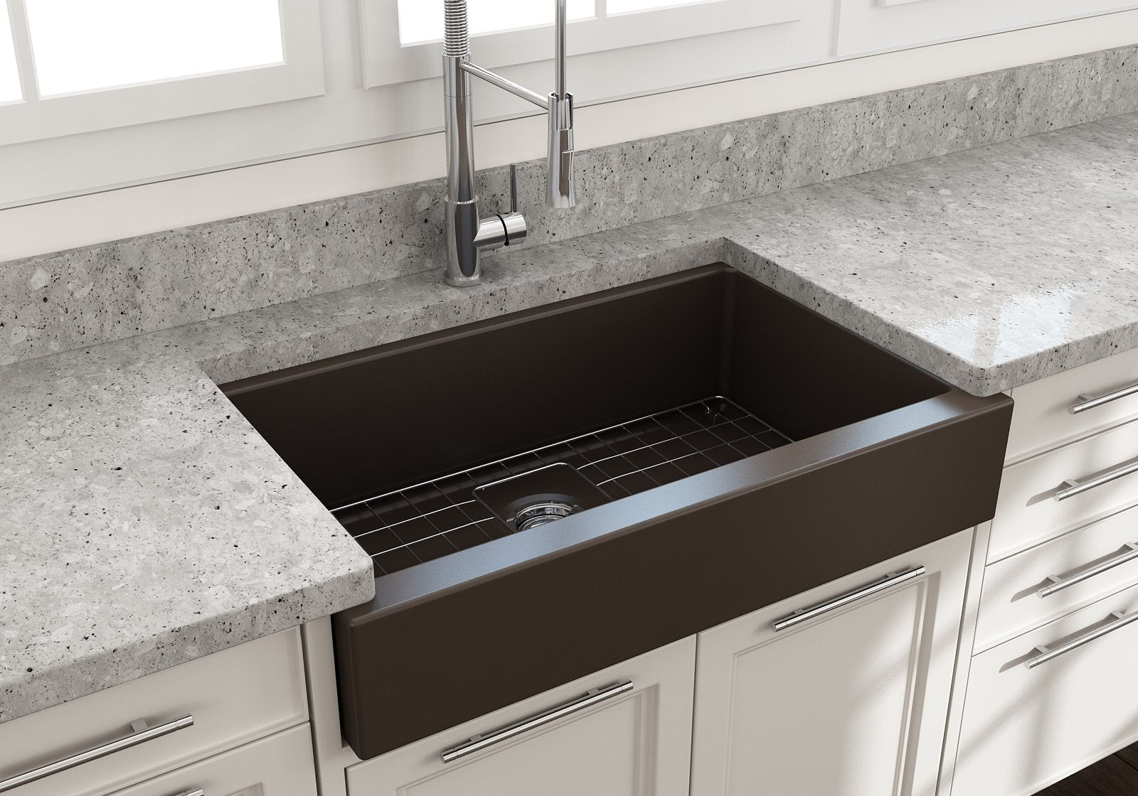 Nuova Pro Short Apron Front Dual-Mount Fireclay 34 in. Single Bowl Kitchen Sink with Protective Bottom Grid and Strainer 1551