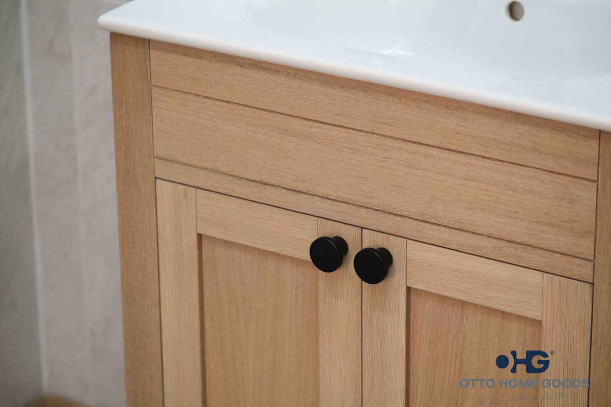 Aria 24" Natural Oak Bathroom Vanity with Integrated Sink & Black Hardware