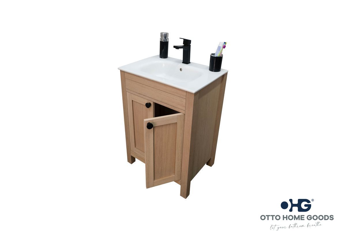 Aria 24" Natural Oak Bathroom Vanity with Integrated Sink & Black Hardware