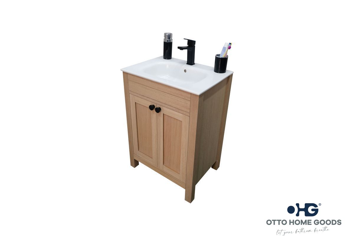 Aria 24" Natural Oak Bathroom Vanity with Integrated Sink & Black Hardware