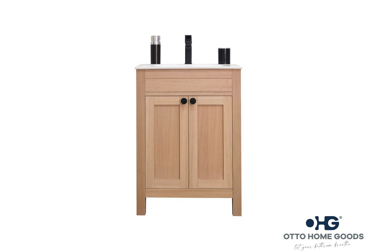Aria 24" Natural Oak Bathroom Vanity with Integrated Sink & Black Hardware