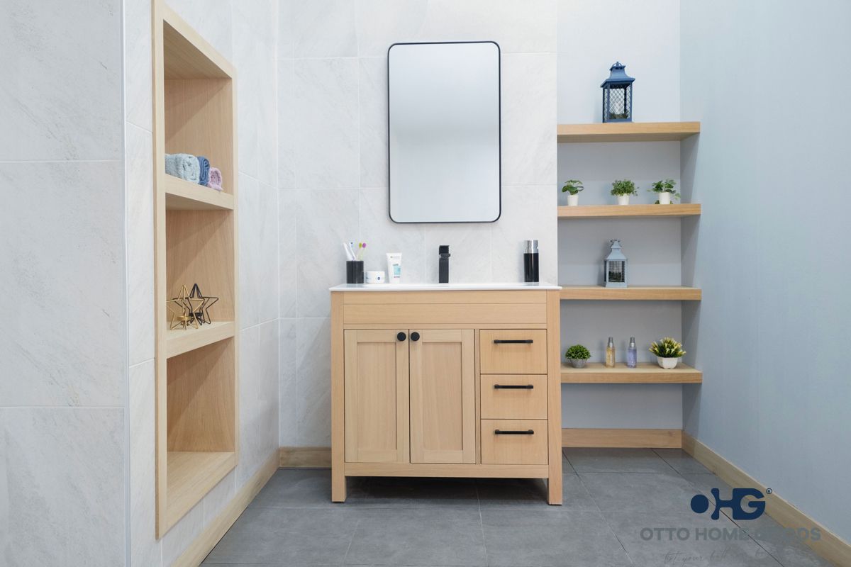 Aria 36" Natural Oak Bathroom Vanity with Integrated Sink & Black Hardware
