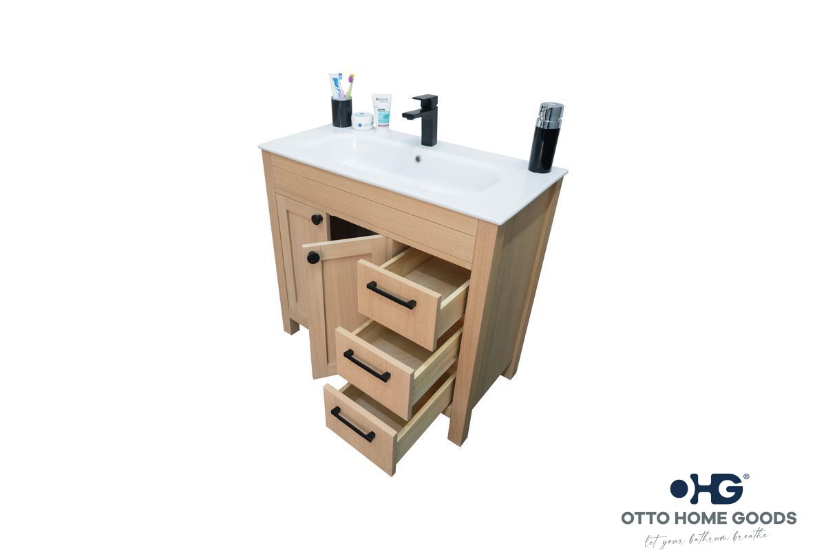 Aria 36" Natural Oak Bathroom Vanity with Integrated Sink & Black Hardware
