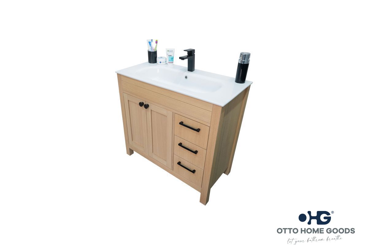 Aria 36" Natural Oak Bathroom Vanity with Integrated Sink & Black Hardware