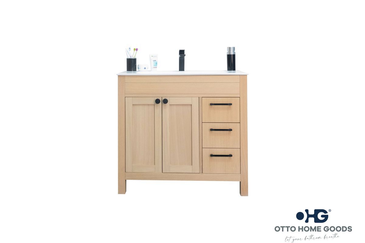 Aria 36" Natural Oak Bathroom Vanity with Integrated Sink & Black Hardware