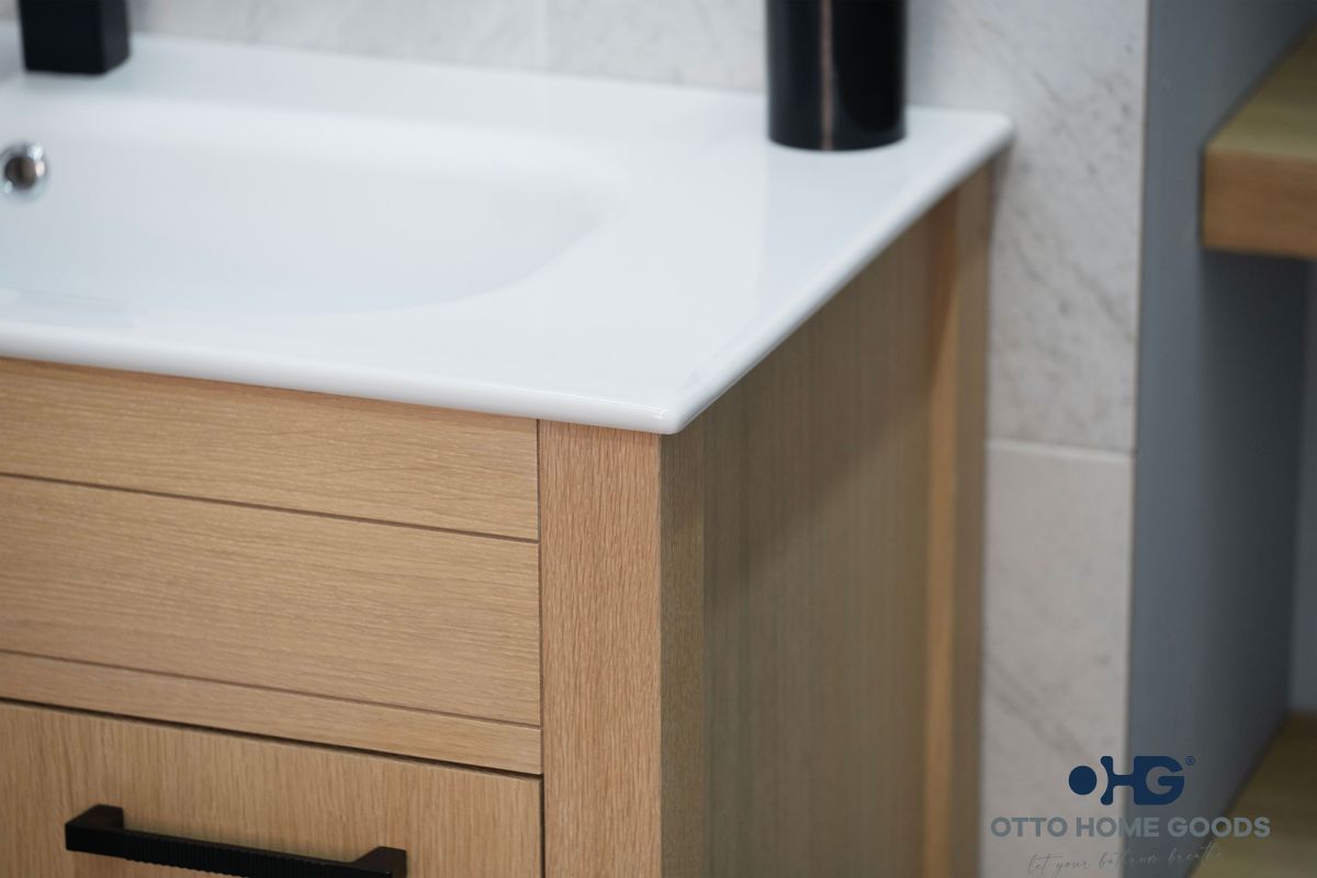 Aria 36" Natural Oak Bathroom Vanity with Integrated Sink & Black Hardware