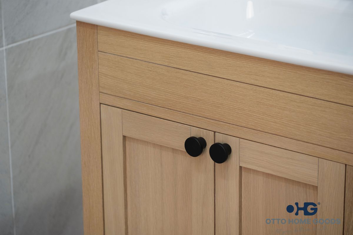 Aria 36" Natural Oak Bathroom Vanity with Integrated Sink & Black Hardware