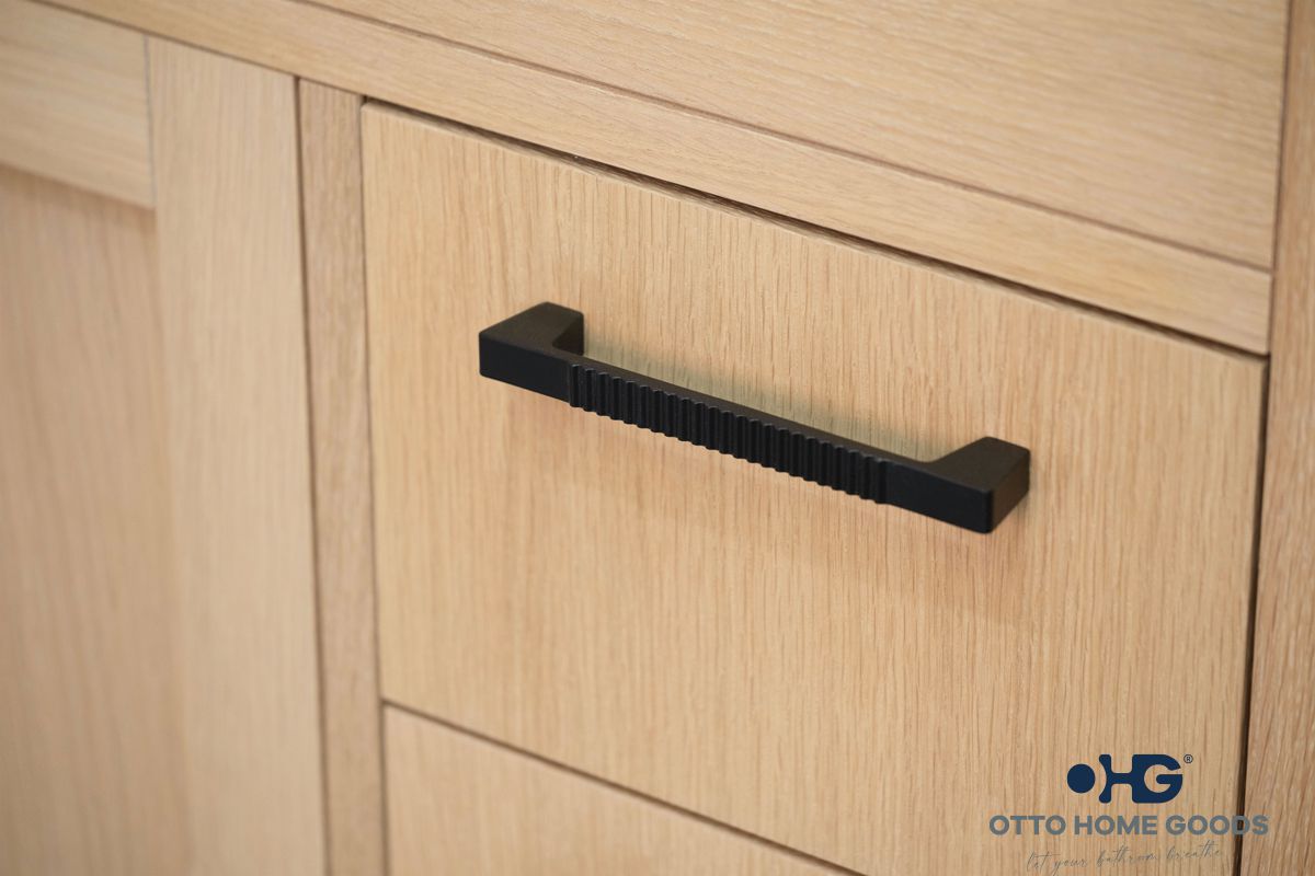 Aria 36" Natural Oak Bathroom Vanity with Integrated Sink & Black Hardware