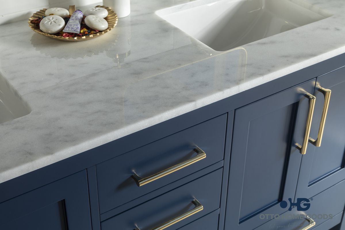 Ashley 60" Navy Blue Double Sink Bathroom Vanity with Quartz Top & Gold Hardware