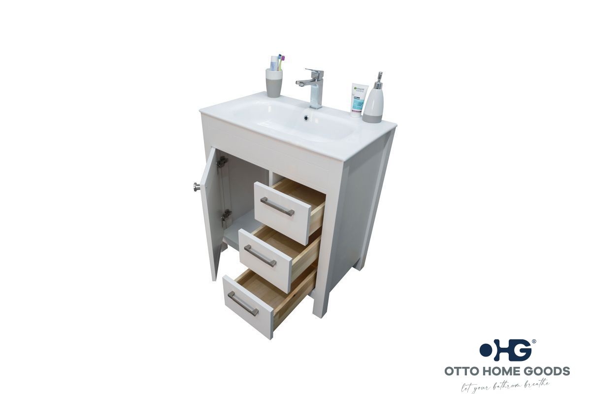 Aria 30" White Bathroom Vanity with Integrated Sink & Brushed Nickel Hardware