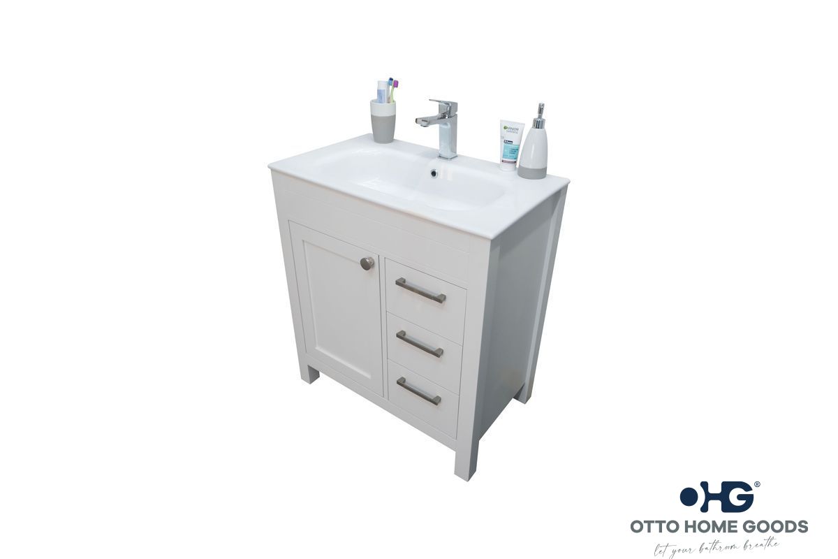 Aria 30" White Bathroom Vanity with Integrated Sink & Brushed Nickel Hardware