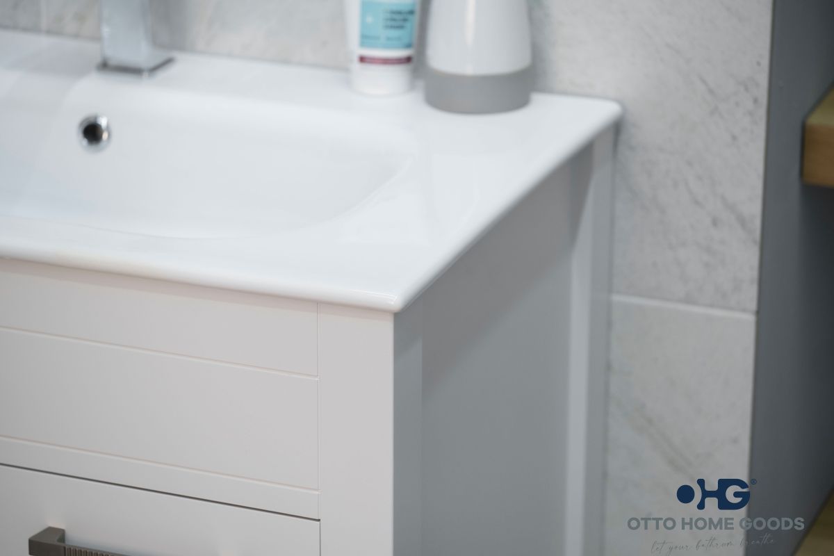 Aria 30" White Bathroom Vanity with Integrated Sink & Brushed Nickel Hardware