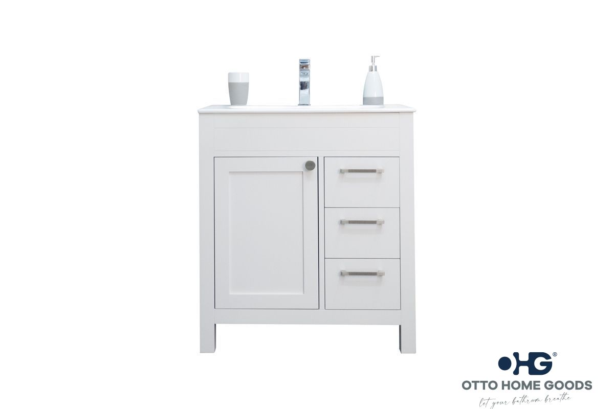 Aria 30" White Bathroom Vanity with Integrated Sink & Brushed Nickel Hardware